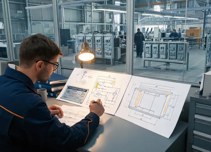 Electrical engineer reviewing transformer drawings and nameplate data